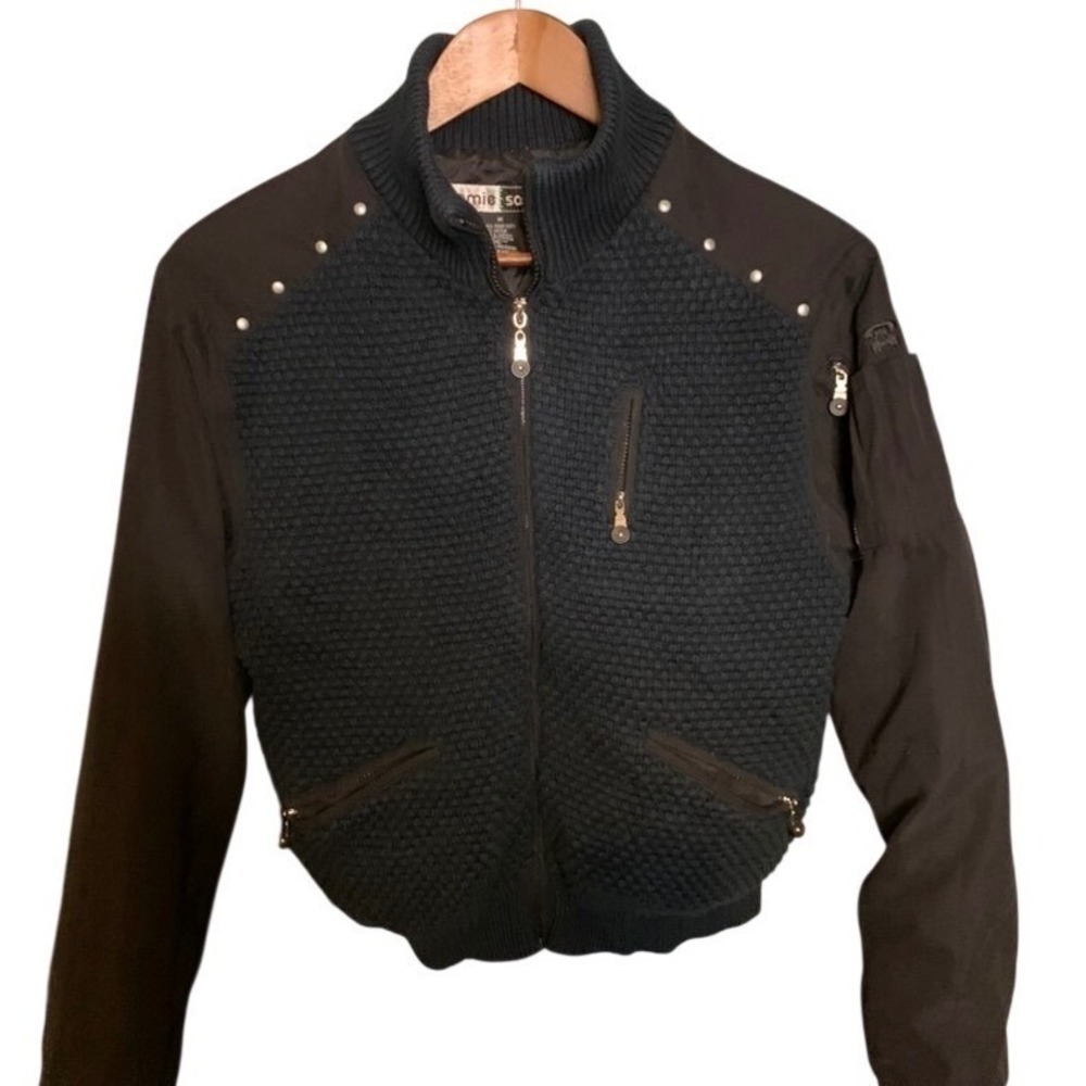 Jamie Sadock Womens Med. Cropped Golf Jacket Black Textured Knit Zip Stud Pocket